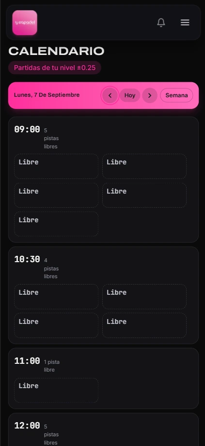 Pantalla de partidas disponibles en la app de Espadel
