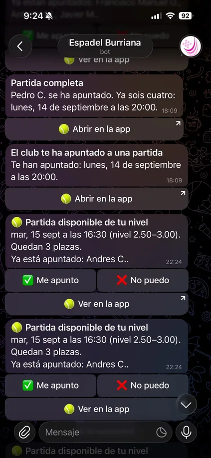 Avisos de partidas del bot de Telegram de Espadel Burriana